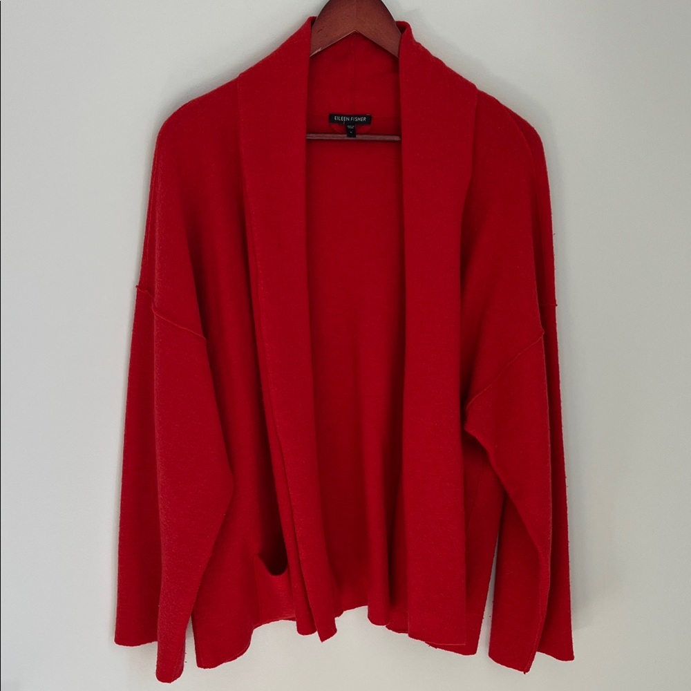 Eileen Fisher | Vibrant Red Open-Front Fine Merino Wool Shawl Cardigan Size L - Picture 13 of 16